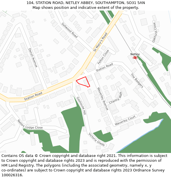 104, STATION ROAD, NETLEY ABBEY, SOUTHAMPTON, SO31 5AN: Location map and indicative extent of plot