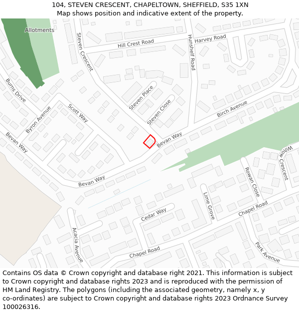 104, STEVEN CRESCENT, CHAPELTOWN, SHEFFIELD, S35 1XN: Location map and indicative extent of plot