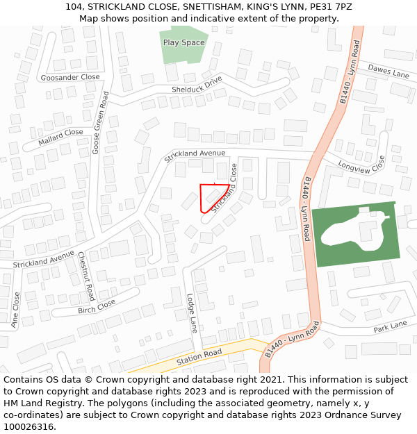 104, STRICKLAND CLOSE, SNETTISHAM, KING'S LYNN, PE31 7PZ: Location map and indicative extent of plot