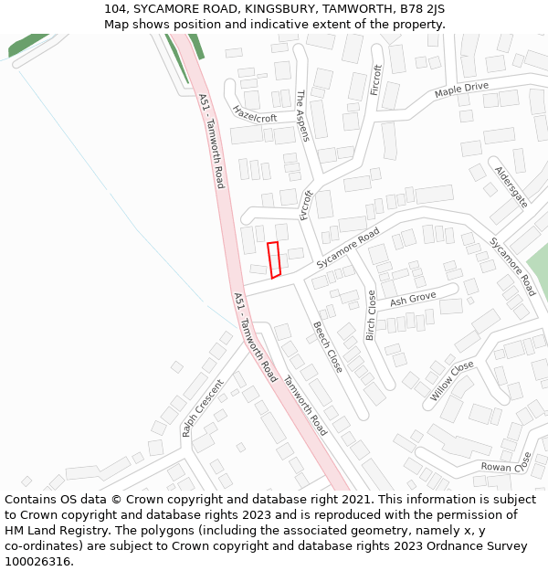 104, SYCAMORE ROAD, KINGSBURY, TAMWORTH, B78 2JS: Location map and indicative extent of plot