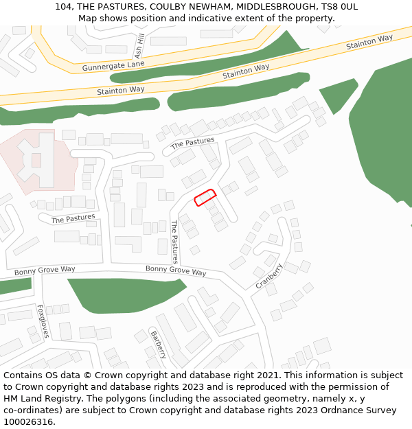 104, THE PASTURES, COULBY NEWHAM, MIDDLESBROUGH, TS8 0UL: Location map and indicative extent of plot