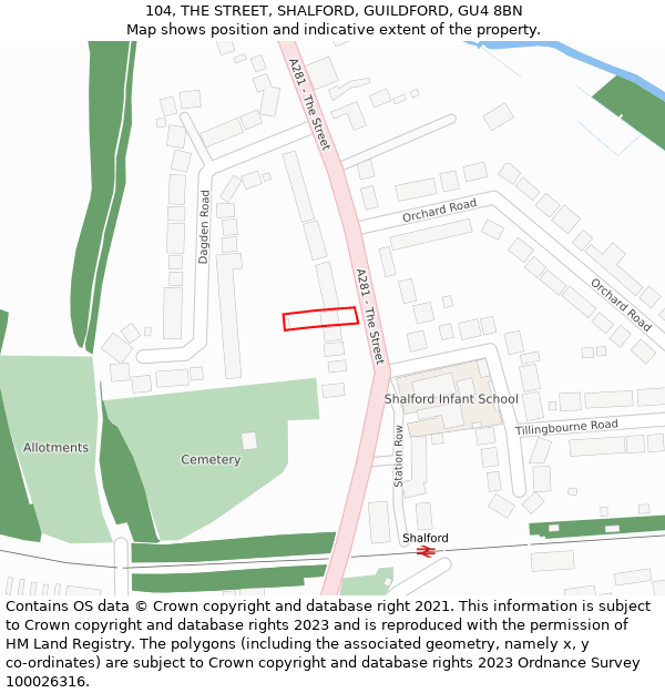 104, THE STREET, SHALFORD, GUILDFORD, GU4 8BN: Location map and indicative extent of plot