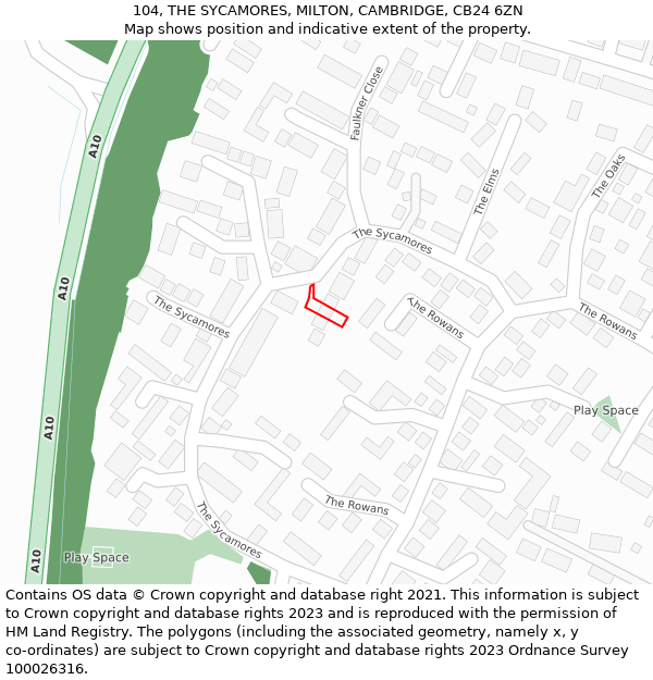 104, THE SYCAMORES, MILTON, CAMBRIDGE, CB24 6ZN: Location map and indicative extent of plot