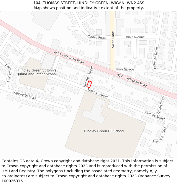104, THOMAS STREET, HINDLEY GREEN, WIGAN, WN2 4SS: Location map and indicative extent of plot