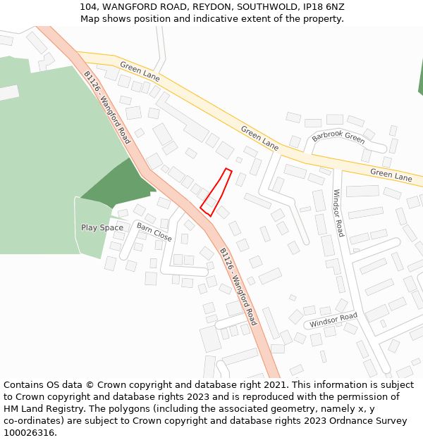 104, WANGFORD ROAD, REYDON, SOUTHWOLD, IP18 6NZ: Location map and indicative extent of plot