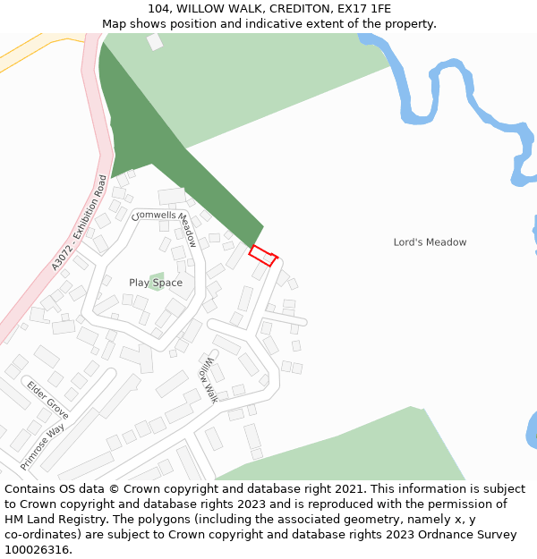 104, WILLOW WALK, CREDITON, EX17 1FE: Location map and indicative extent of plot