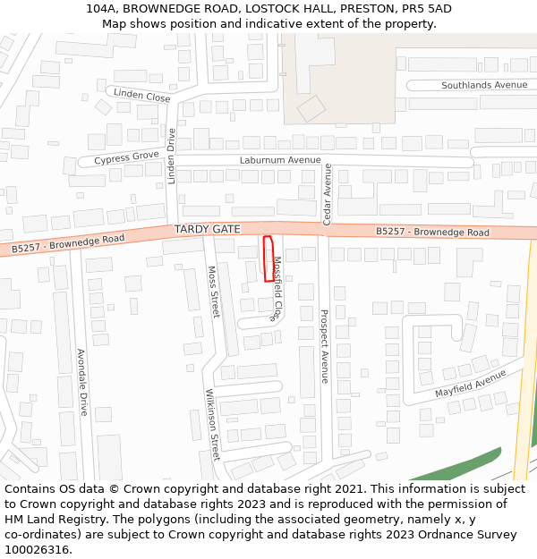 104A, BROWNEDGE ROAD, LOSTOCK HALL, PRESTON, PR5 5AD: Location map and indicative extent of plot