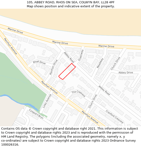 105, ABBEY ROAD, RHOS ON SEA, COLWYN BAY, LL28 4PF: Location map and indicative extent of plot