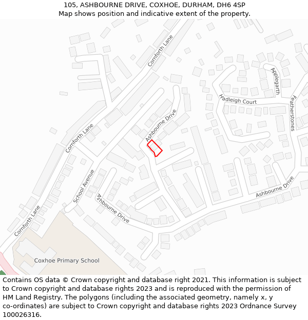 105, ASHBOURNE DRIVE, COXHOE, DURHAM, DH6 4SP: Location map and indicative extent of plot