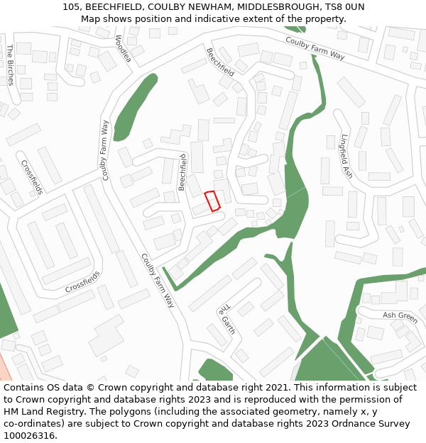 105, BEECHFIELD, COULBY NEWHAM, MIDDLESBROUGH, TS8 0UN: Location map and indicative extent of plot