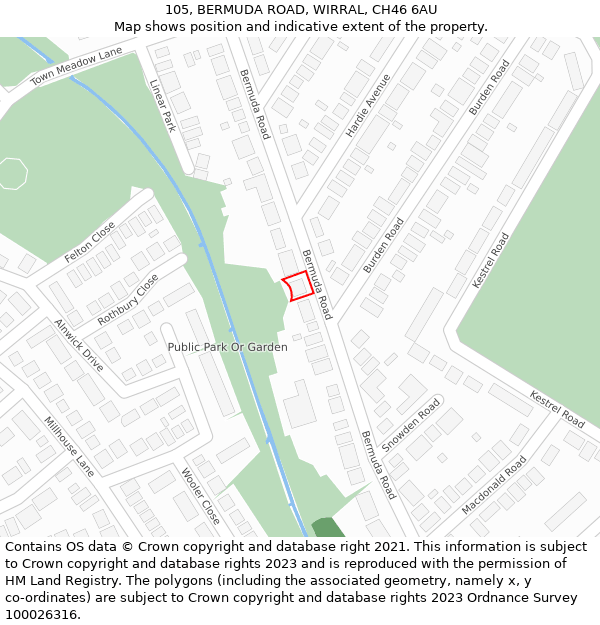 105, BERMUDA ROAD, WIRRAL, CH46 6AU: Location map and indicative extent of plot