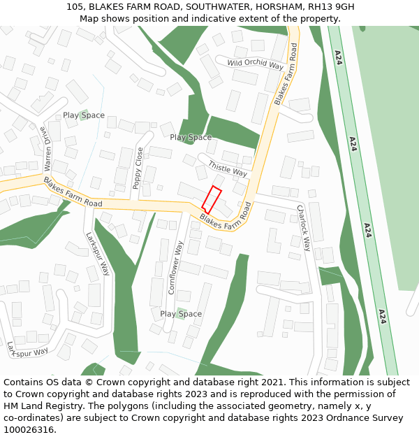 105, BLAKES FARM ROAD, SOUTHWATER, HORSHAM, RH13 9GH: Location map and indicative extent of plot