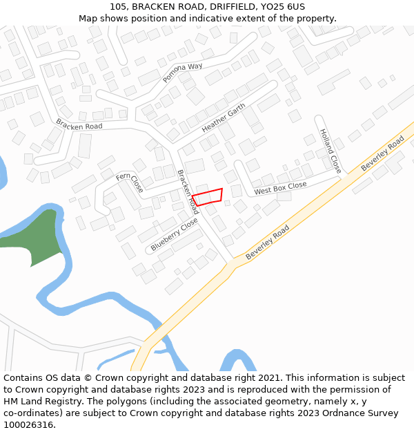 105, BRACKEN ROAD, DRIFFIELD, YO25 6US: Location map and indicative extent of plot