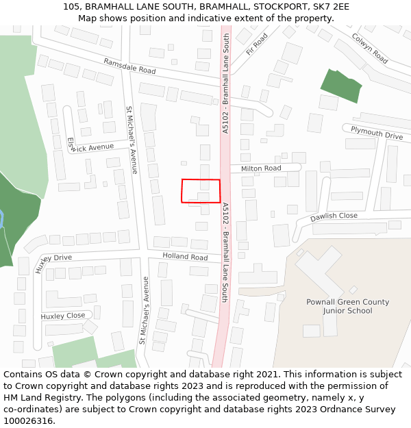 105, BRAMHALL LANE SOUTH, BRAMHALL, STOCKPORT, SK7 2EE: Location map and indicative extent of plot