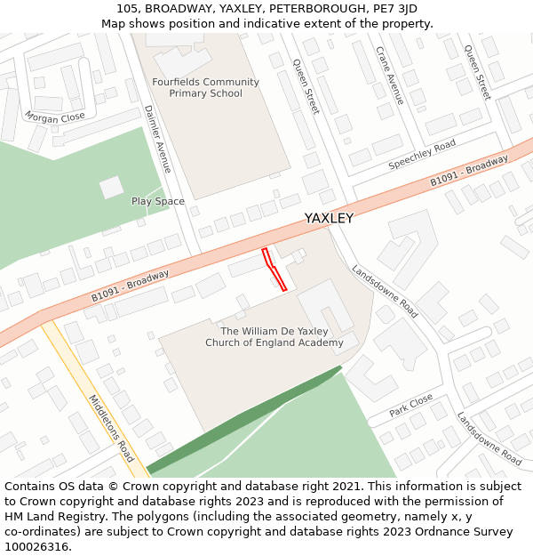 105, BROADWAY, YAXLEY, PETERBOROUGH, PE7 3JD: Location map and indicative extent of plot