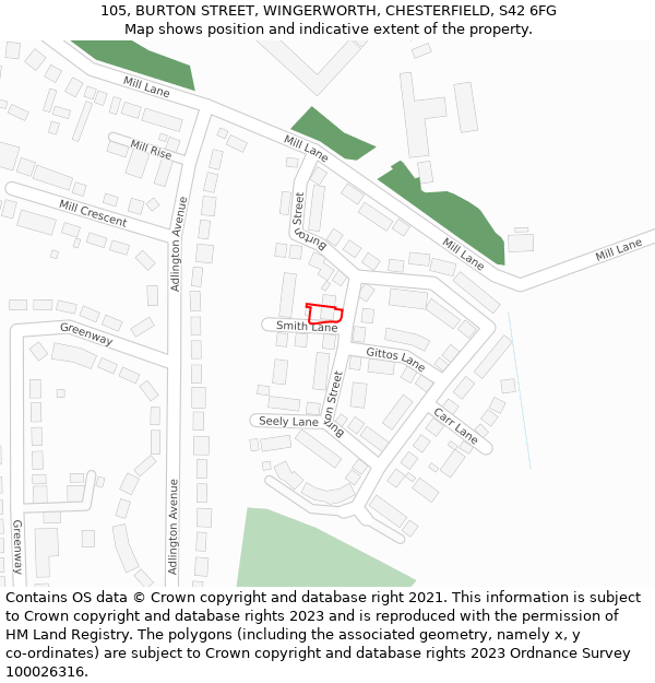 105, BURTON STREET, WINGERWORTH, CHESTERFIELD, S42 6FG: Location map and indicative extent of plot