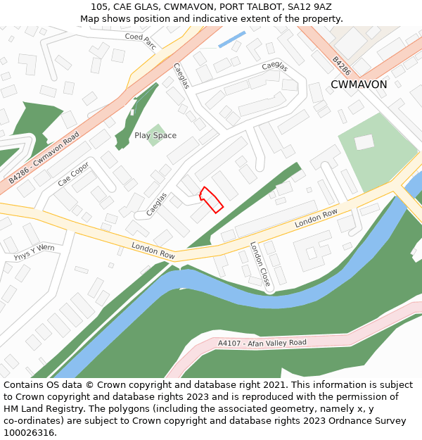 105, CAE GLAS, CWMAVON, PORT TALBOT, SA12 9AZ: Location map and indicative extent of plot