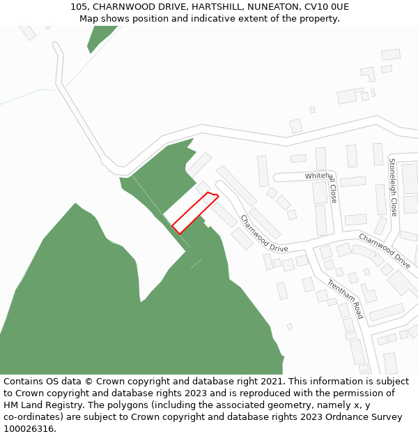 105, CHARNWOOD DRIVE, HARTSHILL, NUNEATON, CV10 0UE: Location map and indicative extent of plot