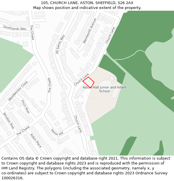 105, CHURCH LANE, ASTON, SHEFFIELD, S26 2AX: Location map and indicative extent of plot