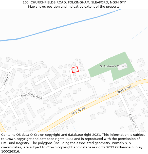 105, CHURCHFIELDS ROAD, FOLKINGHAM, SLEAFORD, NG34 0TY: Location map and indicative extent of plot