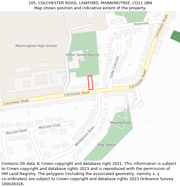 105, COLCHESTER ROAD, LAWFORD, MANNINGTREE, CO11 2BN: Location map and indicative extent of plot