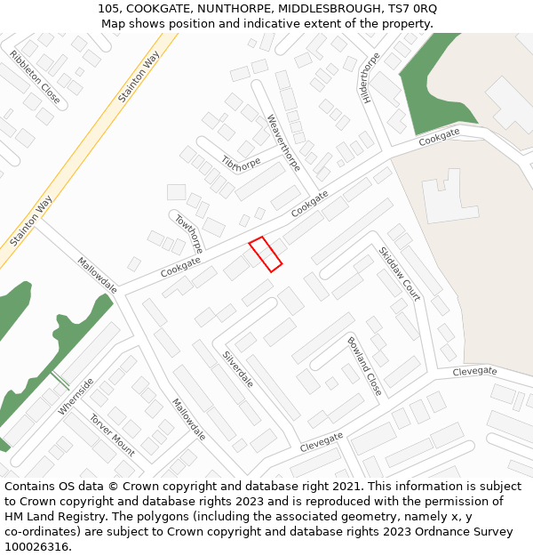 105, COOKGATE, NUNTHORPE, MIDDLESBROUGH, TS7 0RQ: Location map and indicative extent of plot