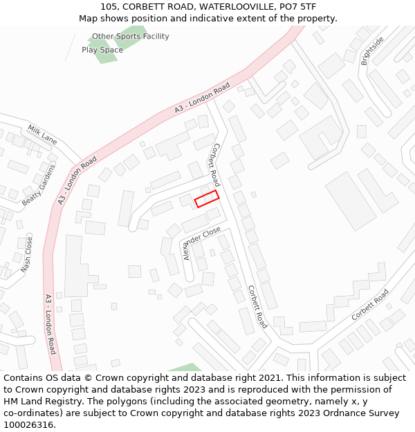 105, CORBETT ROAD, WATERLOOVILLE, PO7 5TF: Location map and indicative extent of plot