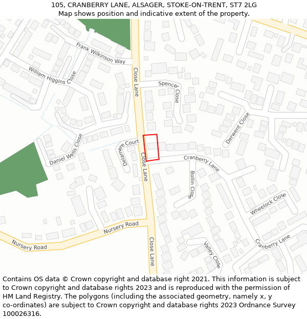 105, CRANBERRY LANE, ALSAGER, STOKE-ON-TRENT, ST7 2LG: Location map and indicative extent of plot