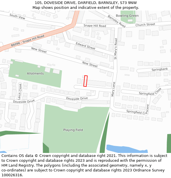 105, DOVESIDE DRIVE, DARFIELD, BARNSLEY, S73 9NW: Location map and indicative extent of plot