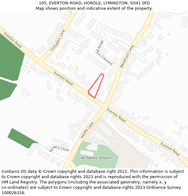105, EVERTON ROAD, HORDLE, LYMINGTON, SO41 0FD: Location map and indicative extent of plot