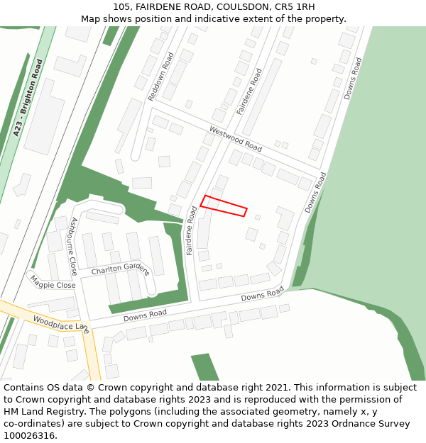105, FAIRDENE ROAD, COULSDON, CR5 1RH: Location map and indicative extent of plot