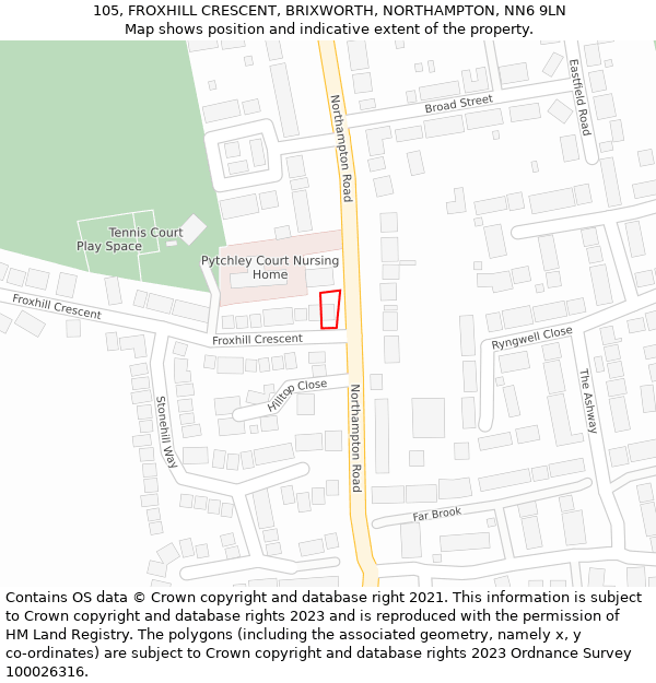 105, FROXHILL CRESCENT, BRIXWORTH, NORTHAMPTON, NN6 9LN: Location map and indicative extent of plot