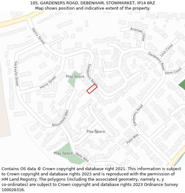 105, GARDENERS ROAD, DEBENHAM, STOWMARKET, IP14 6RZ: Location map and indicative extent of plot