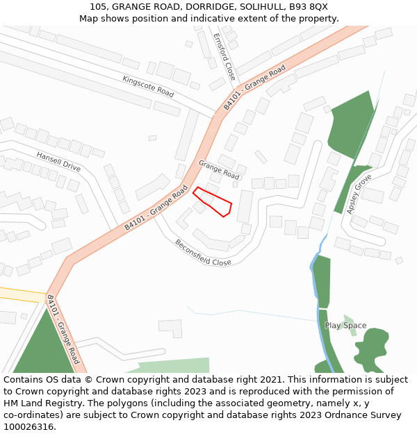 105, GRANGE ROAD, DORRIDGE, SOLIHULL, B93 8QX: Location map and indicative extent of plot