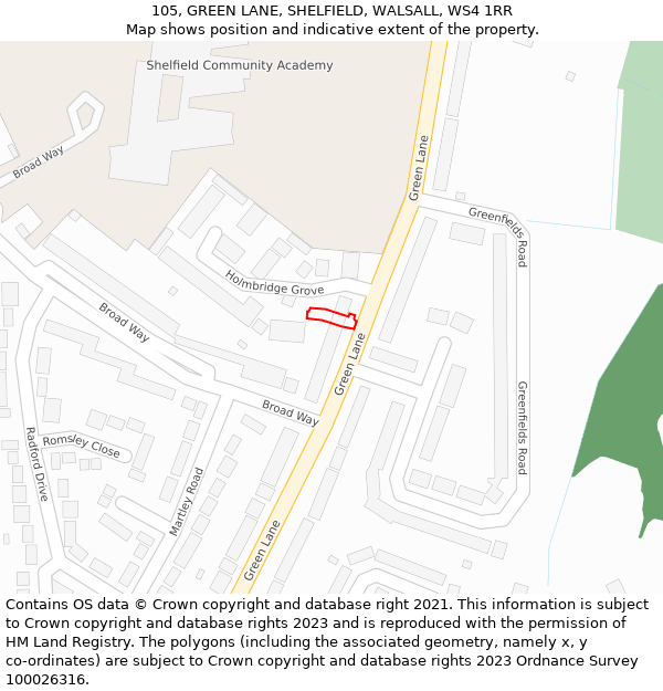 105, GREEN LANE, SHELFIELD, WALSALL, WS4 1RR: Location map and indicative extent of plot