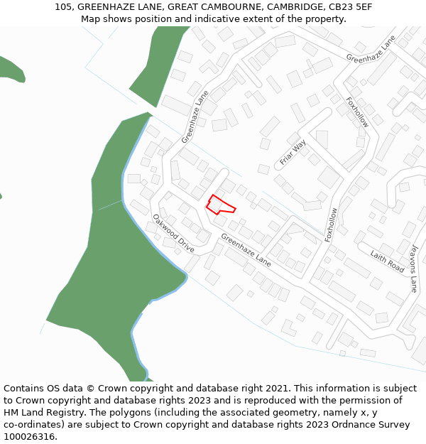 105, GREENHAZE LANE, GREAT CAMBOURNE, CAMBRIDGE, CB23 5EF: Location map and indicative extent of plot