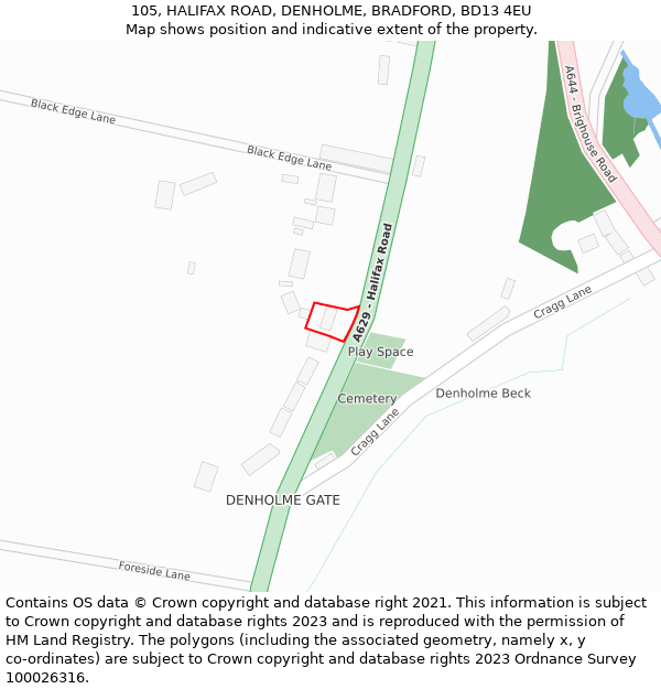 105, HALIFAX ROAD, DENHOLME, BRADFORD, BD13 4EU: Location map and indicative extent of plot