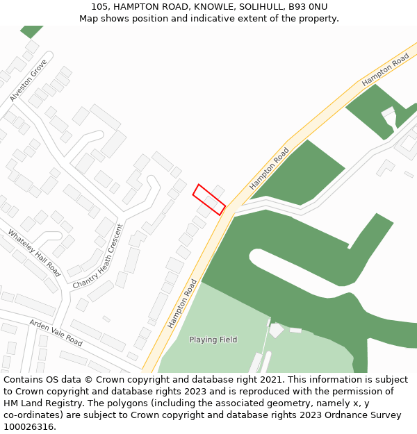 105, HAMPTON ROAD, KNOWLE, SOLIHULL, B93 0NU: Location map and indicative extent of plot