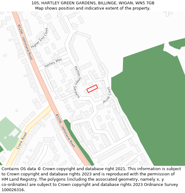 105, HARTLEY GREEN GARDENS, BILLINGE, WIGAN, WN5 7GB: Location map and indicative extent of plot
