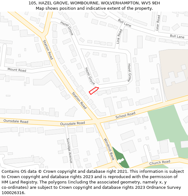 105, HAZEL GROVE, WOMBOURNE, WOLVERHAMPTON, WV5 9EH: Location map and indicative extent of plot