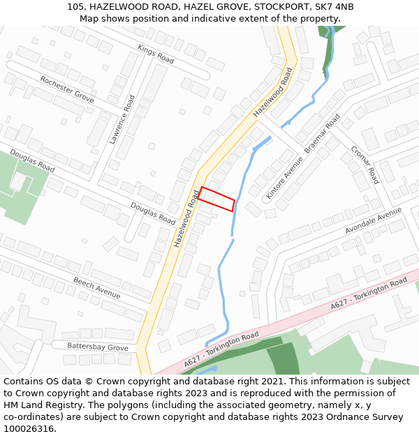 105, HAZELWOOD ROAD, HAZEL GROVE, STOCKPORT, SK7 4NB: Location map and indicative extent of plot