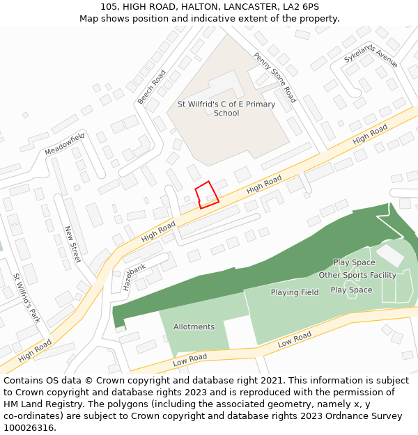 105, HIGH ROAD, HALTON, LANCASTER, LA2 6PS: Location map and indicative extent of plot