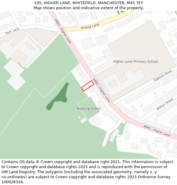 105, HIGHER LANE, WHITEFIELD, MANCHESTER, M45 7EY: Location map and indicative extent of plot