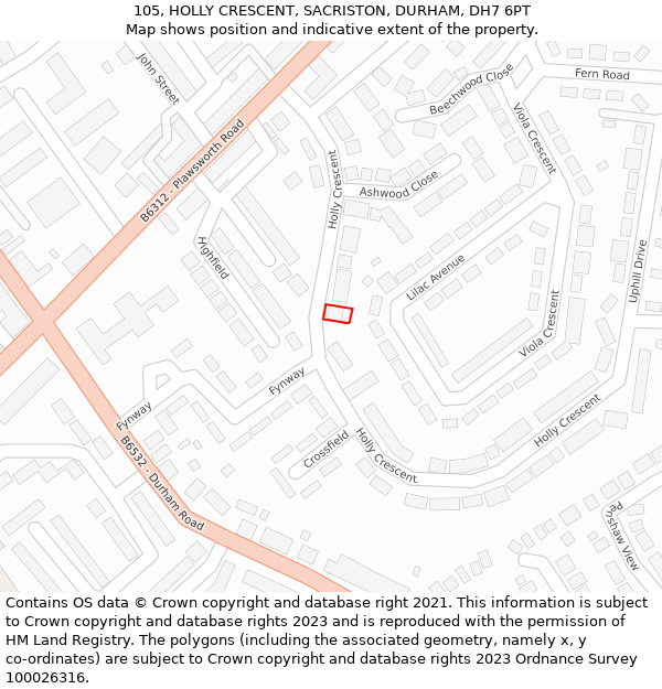 105, HOLLY CRESCENT, SACRISTON, DURHAM, DH7 6PT: Location map and indicative extent of plot