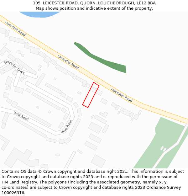 105, LEICESTER ROAD, QUORN, LOUGHBOROUGH, LE12 8BA: Location map and indicative extent of plot