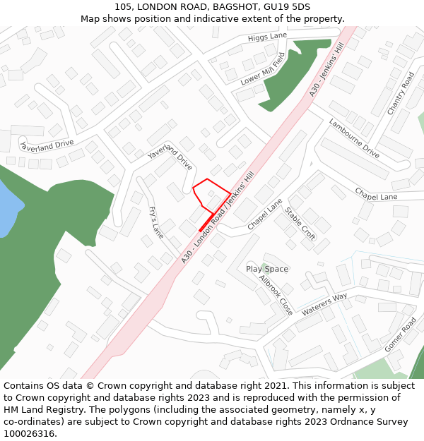 105, LONDON ROAD, BAGSHOT, GU19 5DS: Location map and indicative extent of plot