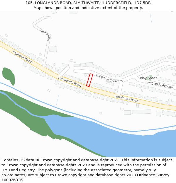 105, LONGLANDS ROAD, SLAITHWAITE, HUDDERSFIELD, HD7 5DR: Location map and indicative extent of plot