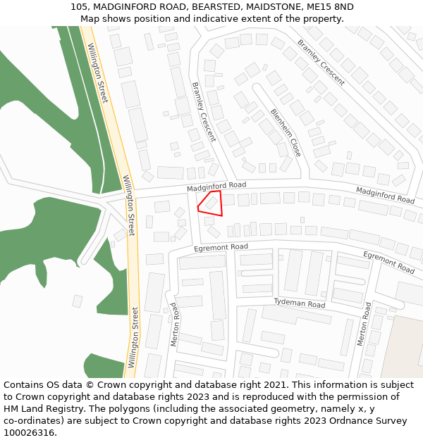 105, MADGINFORD ROAD, BEARSTED, MAIDSTONE, ME15 8ND: Location map and indicative extent of plot