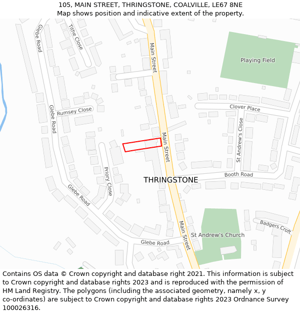105, MAIN STREET, THRINGSTONE, COALVILLE, LE67 8NE: Location map and indicative extent of plot