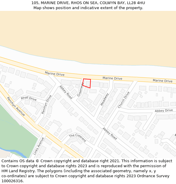 105, MARINE DRIVE, RHOS ON SEA, COLWYN BAY, LL28 4HU: Location map and indicative extent of plot